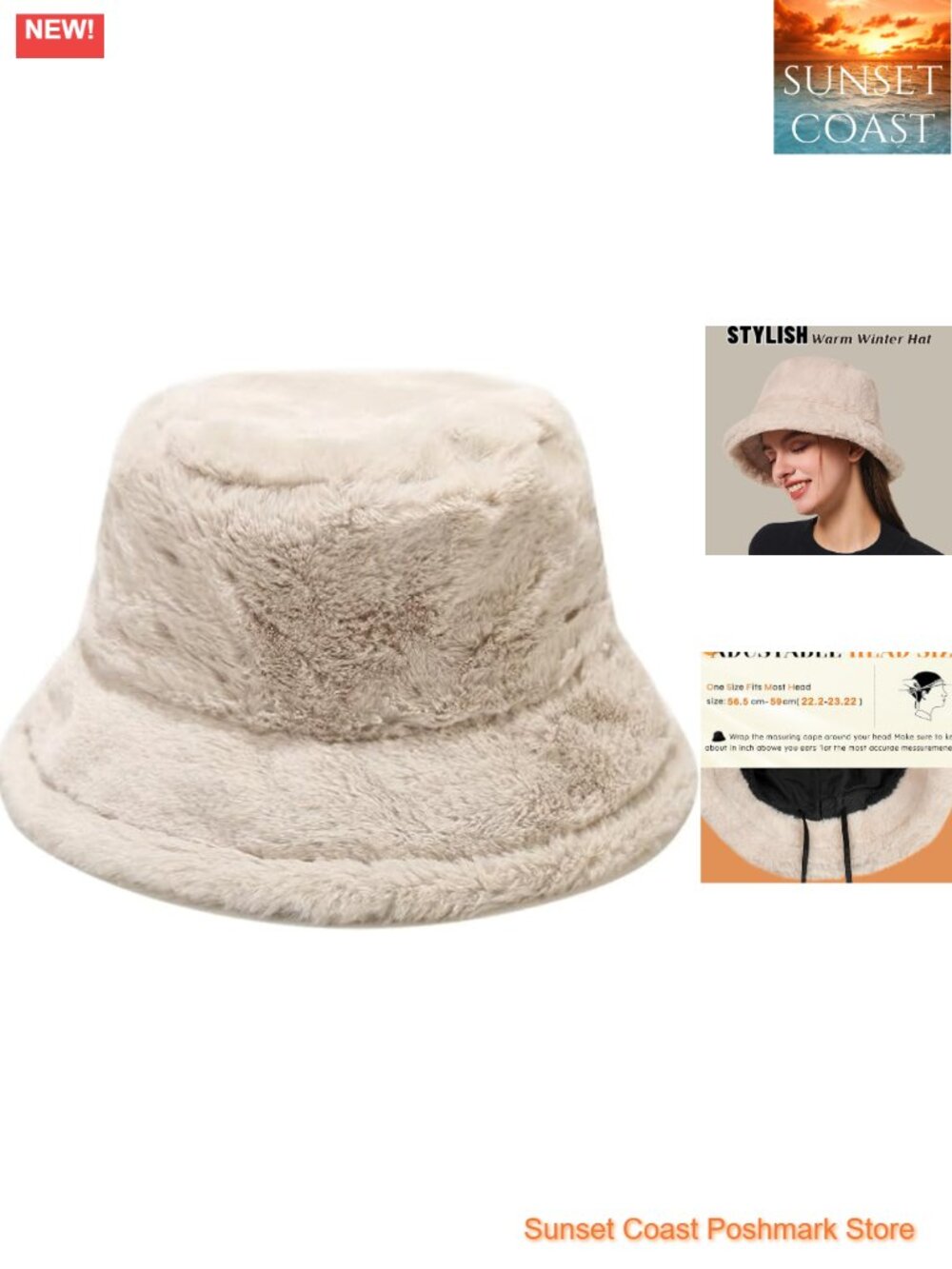 Faux Fur Wide Brim Bucket Hat Winter Warm Plush Adjustable